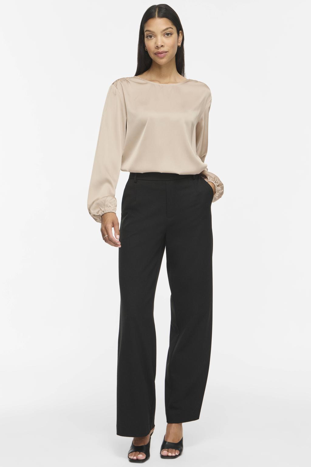 Beige dames VILA top van polyester met effen, lange mouwen en ronde hals