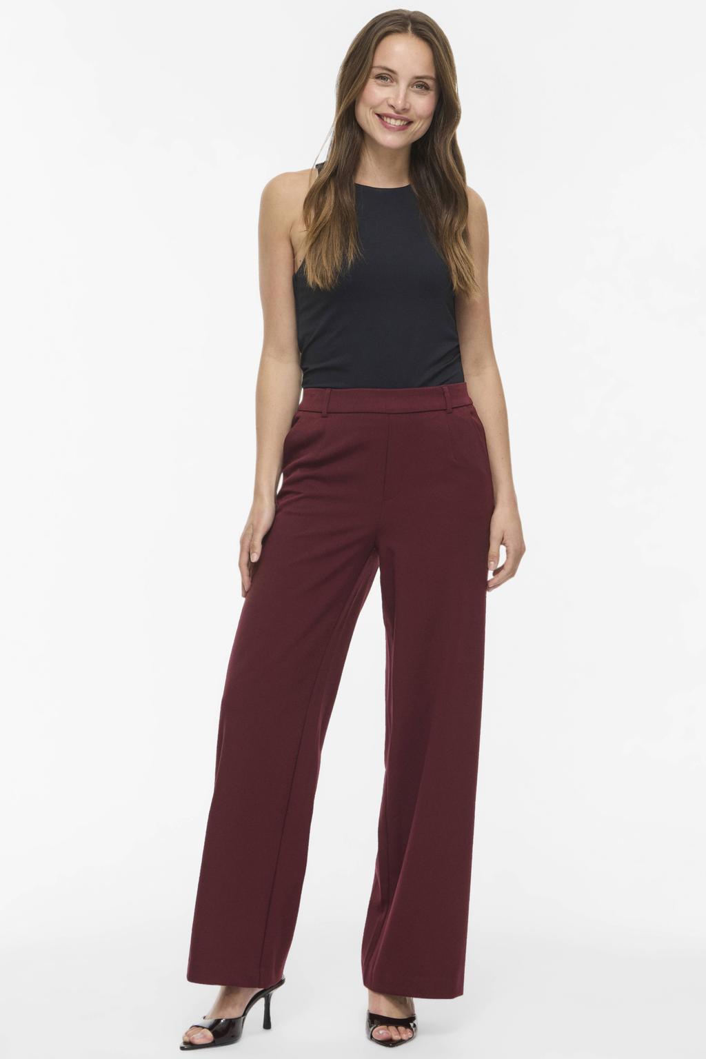 Donkerrode dames VILA wide leg pantalon met high waist en effen