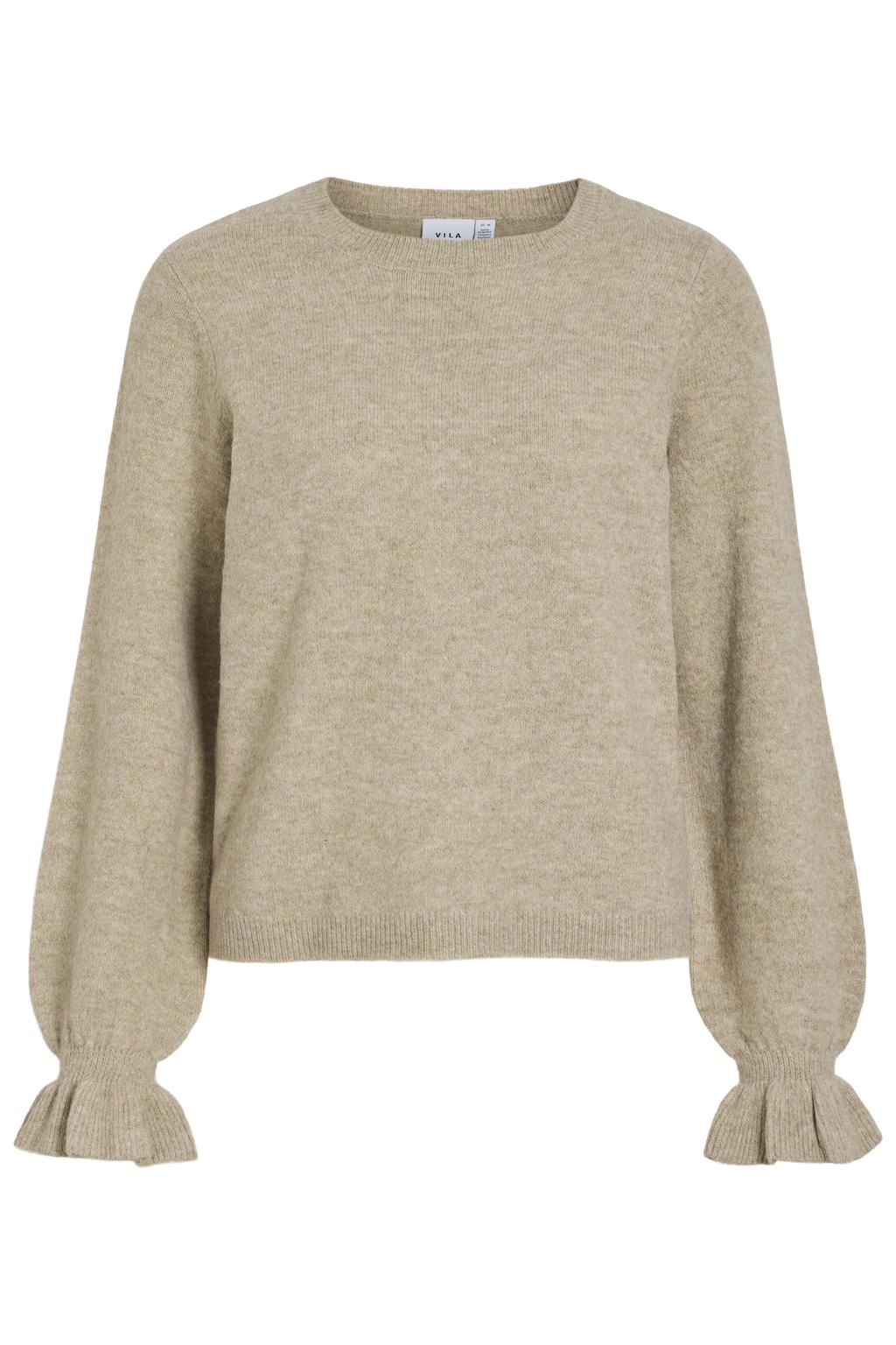 Beige dames VILA gebreide gemêleerde trui van polyester met melée print, lange mouwen en ronde hals