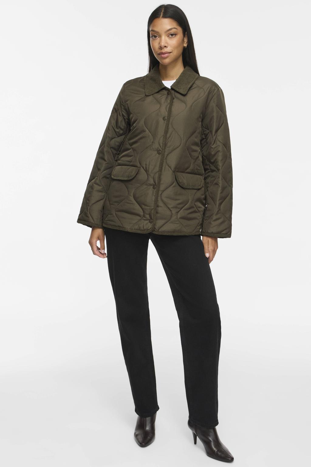 Groene dames VILA quilted jas van polyester met effen, lange mouwen, widespread hals en knoopsluiting