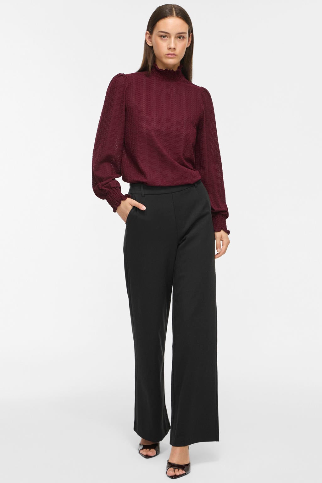 Donkerrode dames VILA semi-transparante top van polyester met effen en lange mouwen