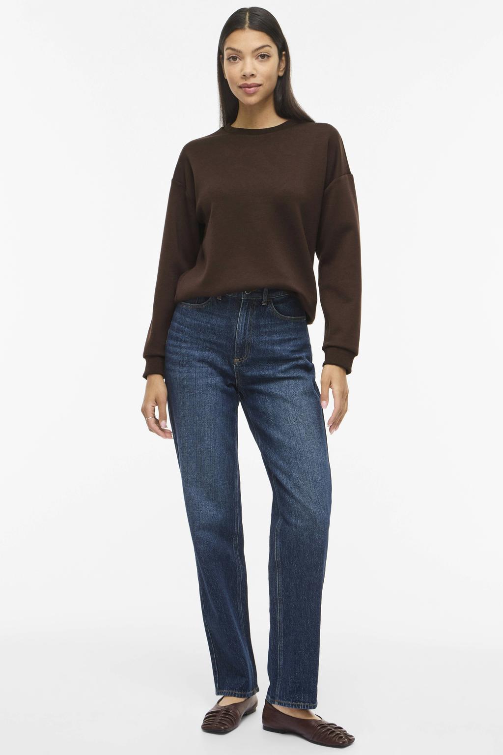 Bruine dames VILA rechtvallende jacquard sweater met effen, lange mouwen en ronde hals