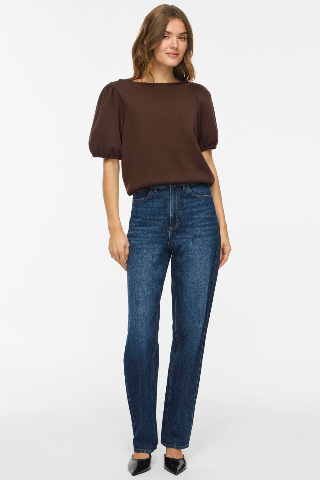 Bruine dames VILA gebreide top van polyester met effen, half lange mouwen en ronde hals