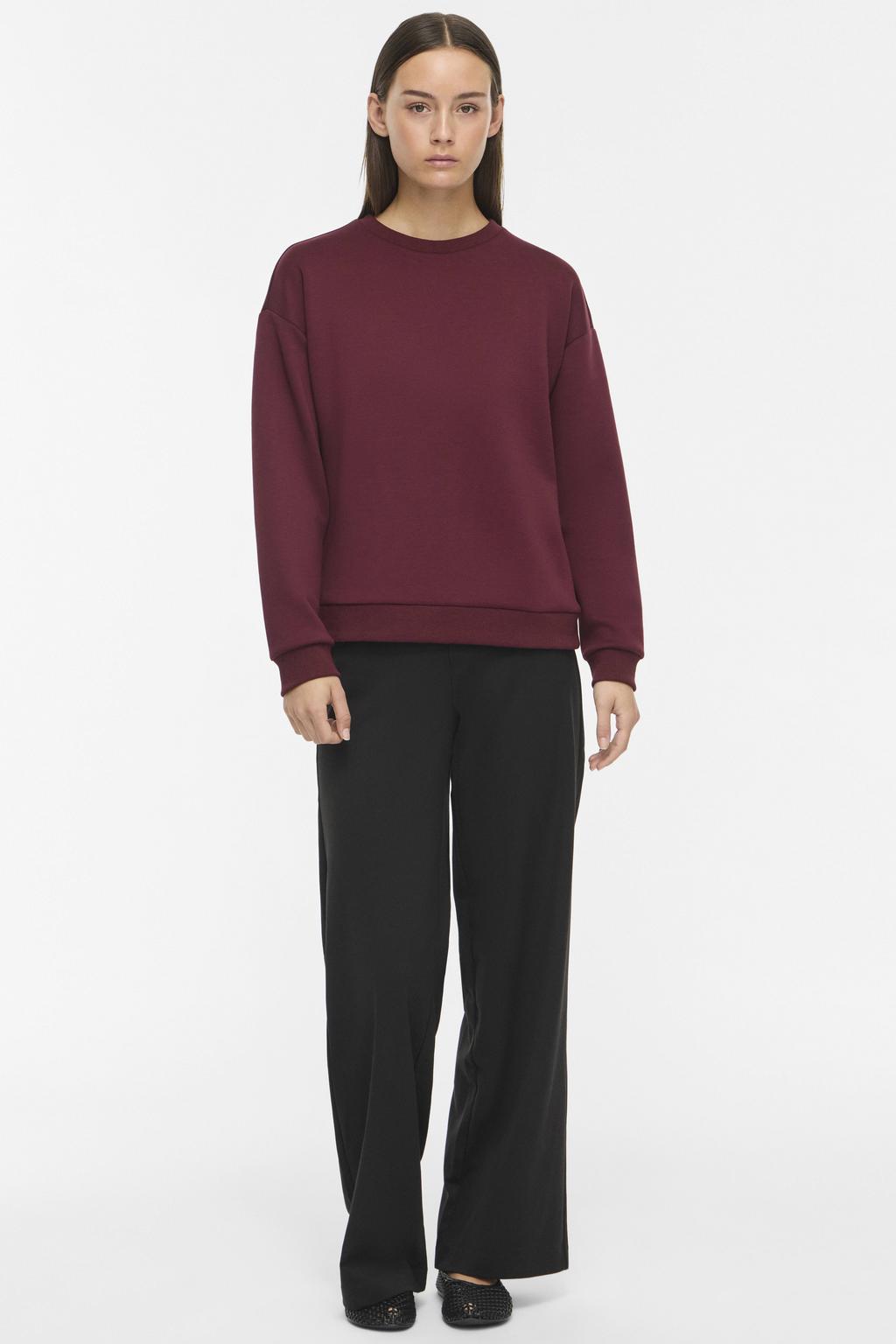 Donkerrode dames VILA rechtvallende jacquard sweater met effen, lange mouwen en ronde hals