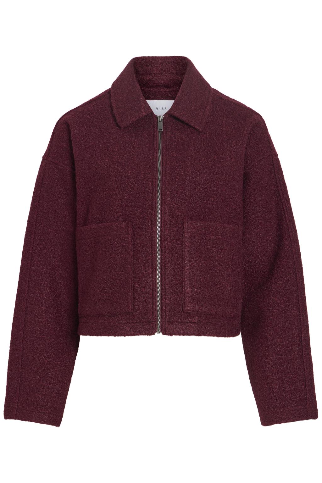 Donkerrode dames VILA jas van polyester met effen, lange mouwen, widespread hals en ritssluiting
