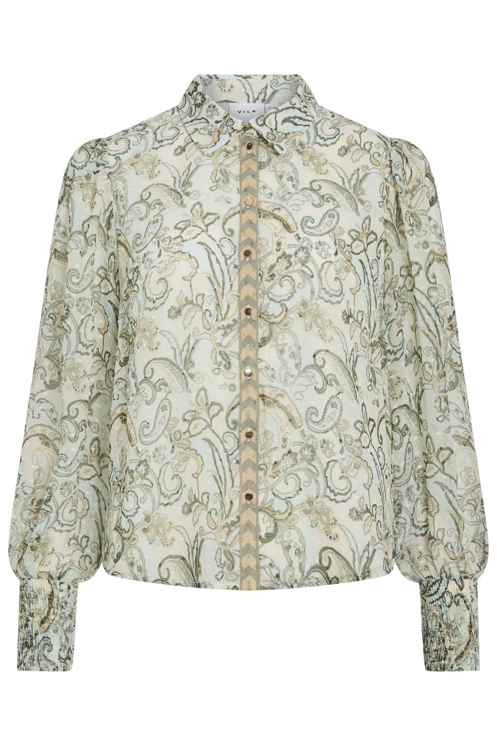 Beige en groene dames VILA blouse van polyester met paisley print, lange mouwen, klassieke kraag en knoopsluiting