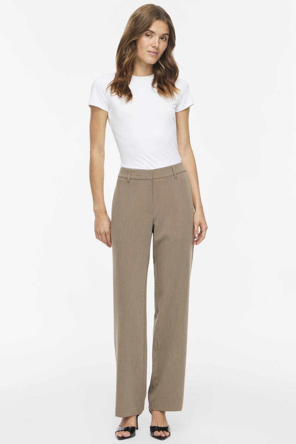 Beige dames VILA wide leg casual broek met rits, haak- en knoopsluiting en effen
