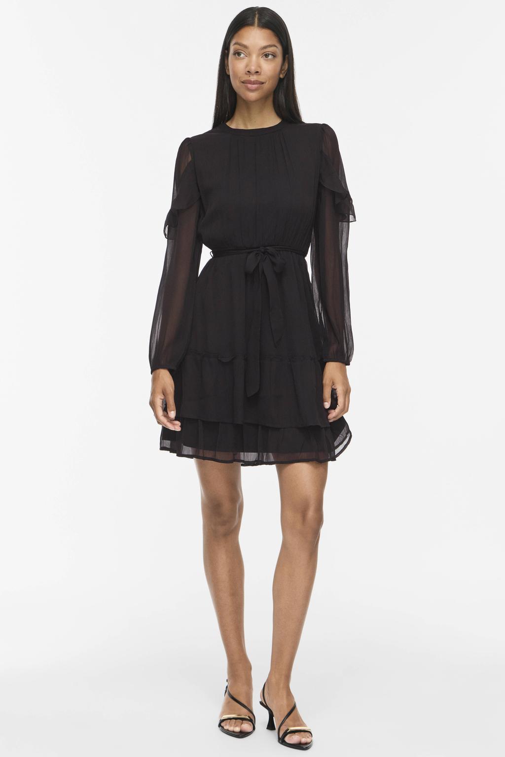 Zwarte dames VILA semi-transparante mini jurk van polyester met effen, lange mouwen en ronde hals