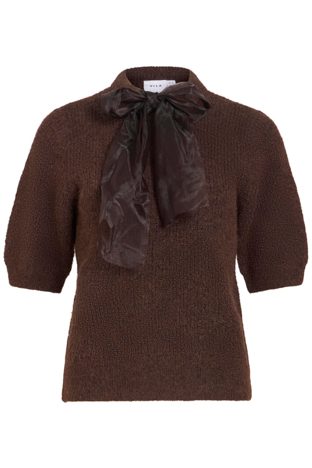 Bruine dames VILA gebreide gemêleerde trui van wol met melée print, half lange mouwen en ronde hals