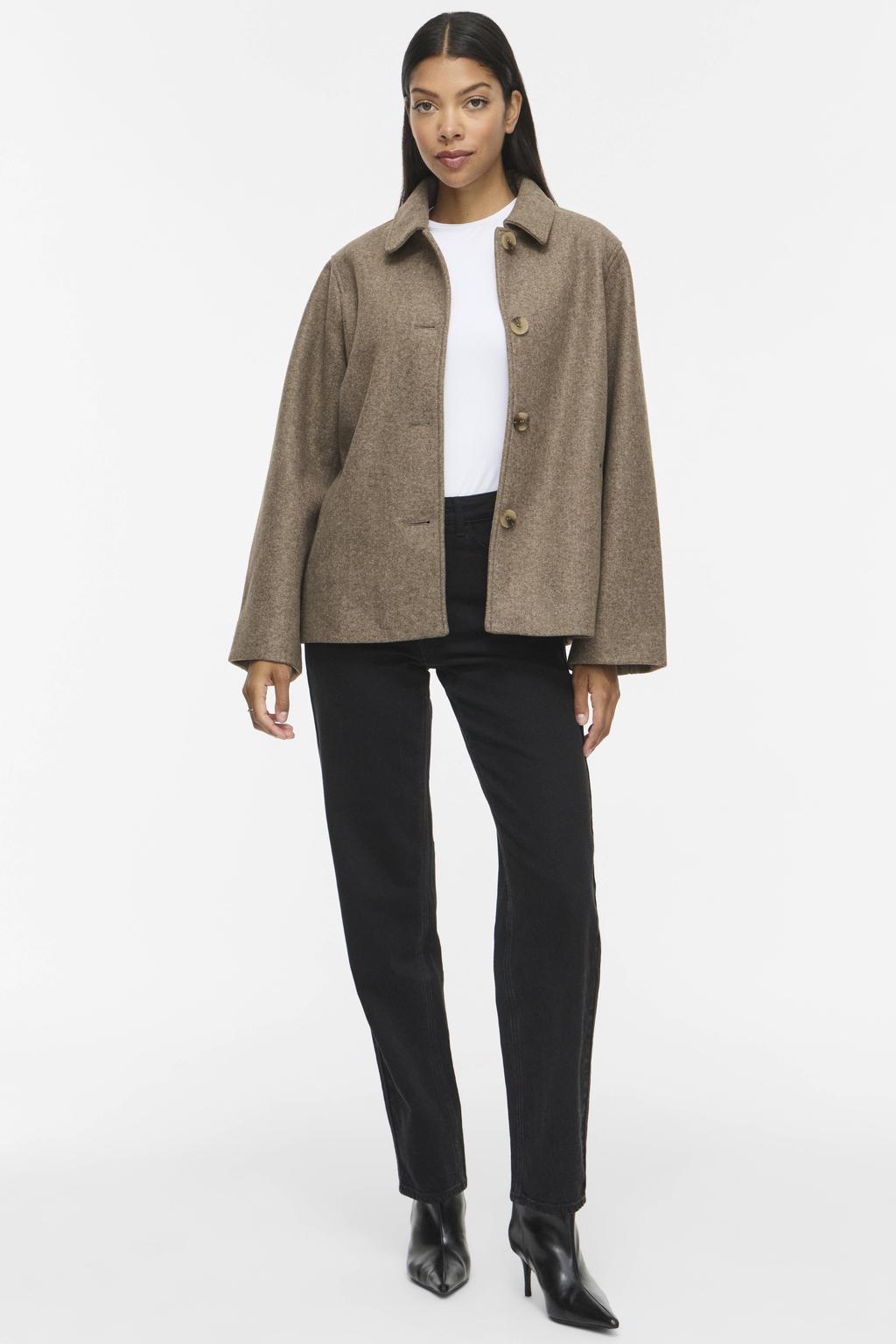 Beige dames VILA jack van polyester met effen, lange mouwen, klassieke kraag en knoopsluiting