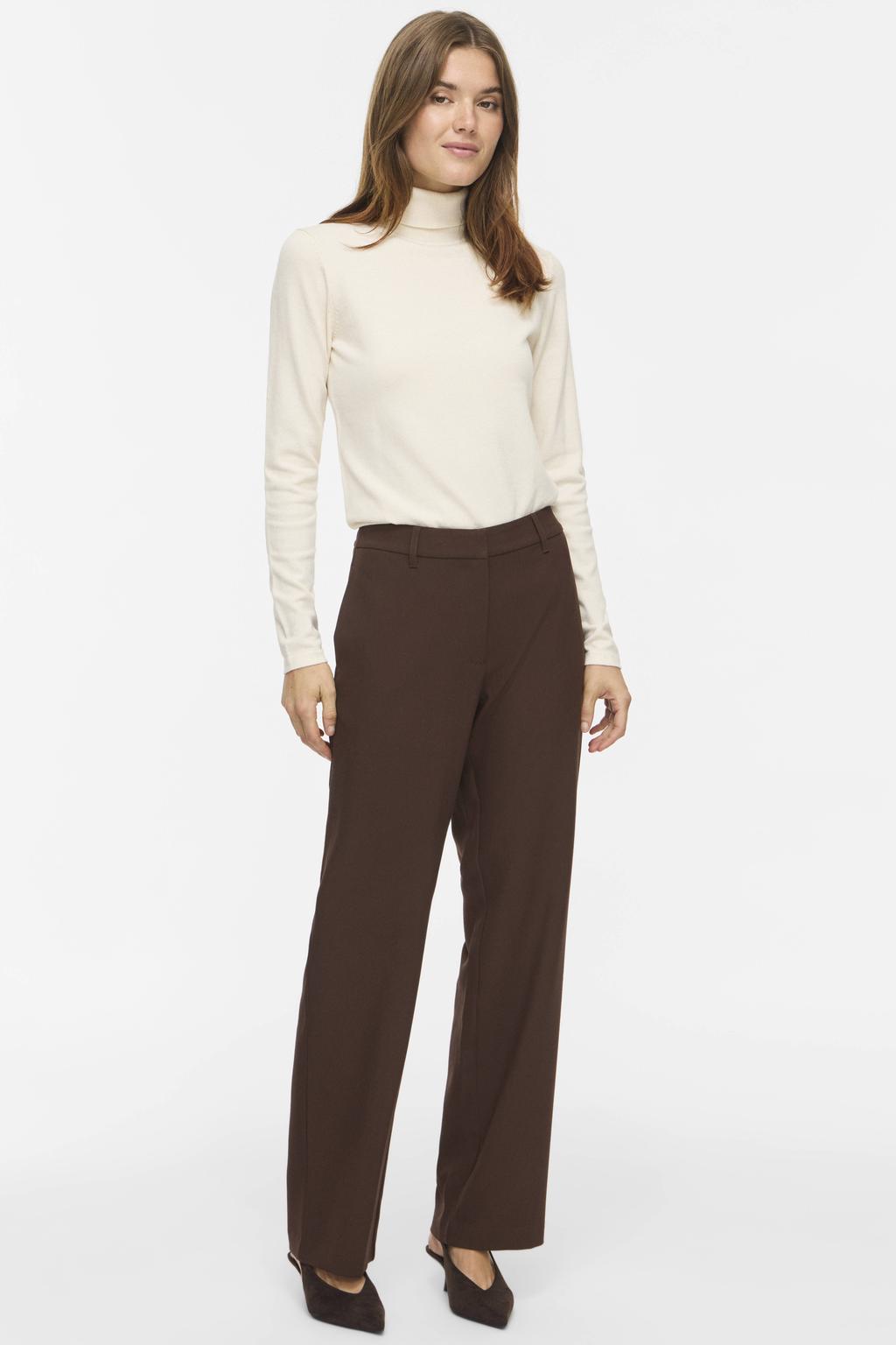 Bruine dames VILA regular waist wide leg casual broek met rits, haak- en knoopsluiting en effen