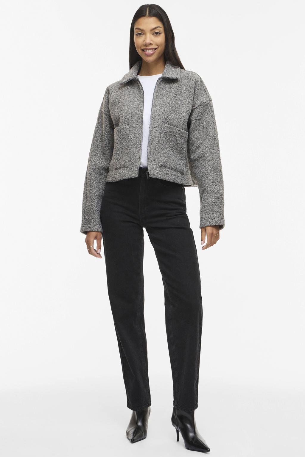 Grijze dames VILA jas van polyester met effen, lange mouwen, widespread hals en ritssluiting