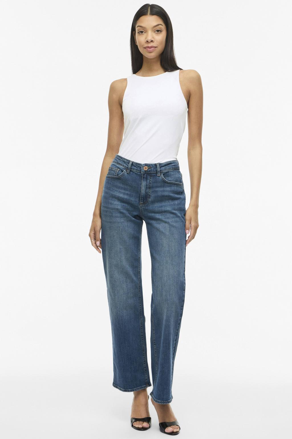 Medium blue denim dames VILA straight leg jeans mediumblauw van denim met rits- en knoopsluiting en effen