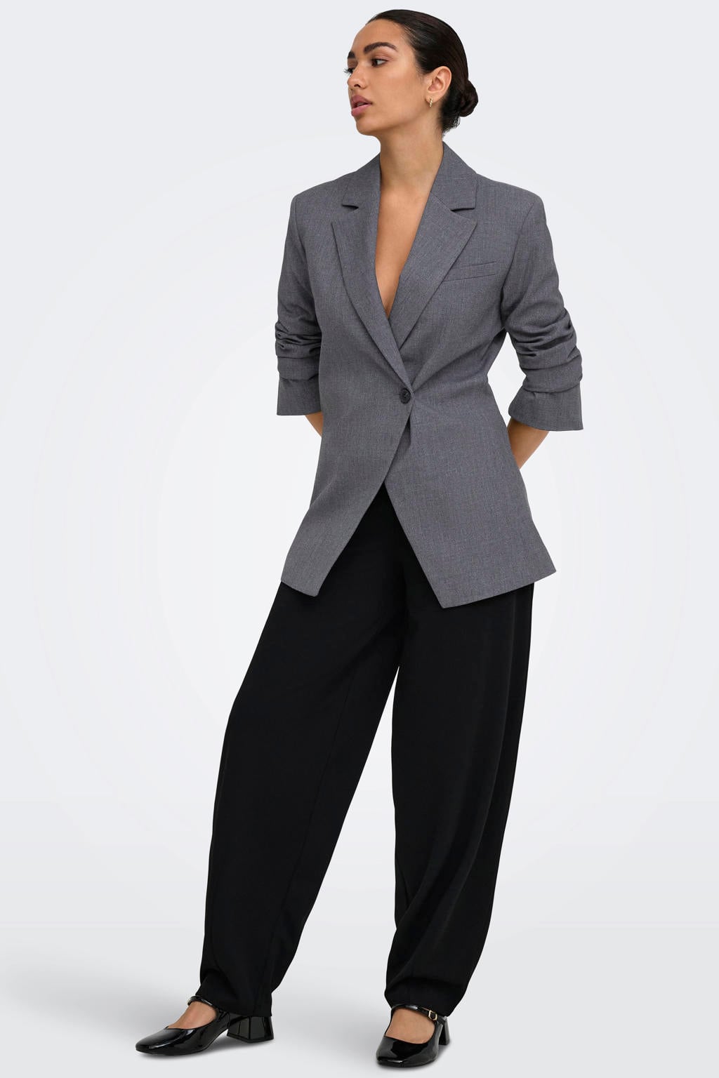 Grijze dames JDY regular blazer van polyester met effen, lange mouwen, reverskraag en knoopsluiting
