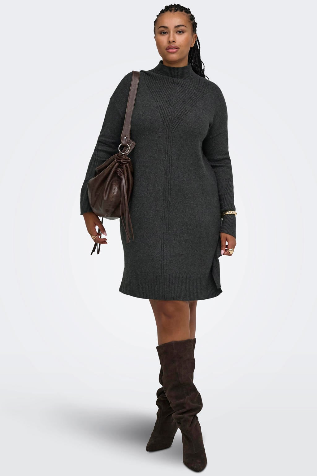 Grijze dames ONLY CARMAKOMA Plus Size gebreide coljurk van viscose met effen en lange mouwen