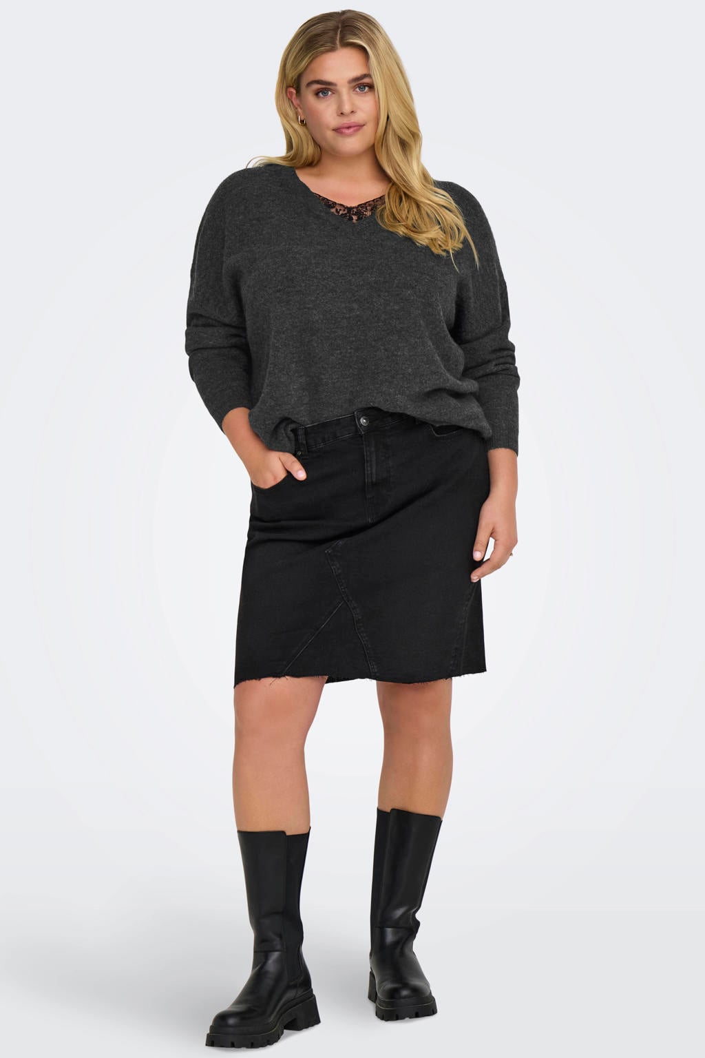 Grijze dames ONLY CARMAKOMA Plus Size gebreide trui van acryl met effen en lange mouwen