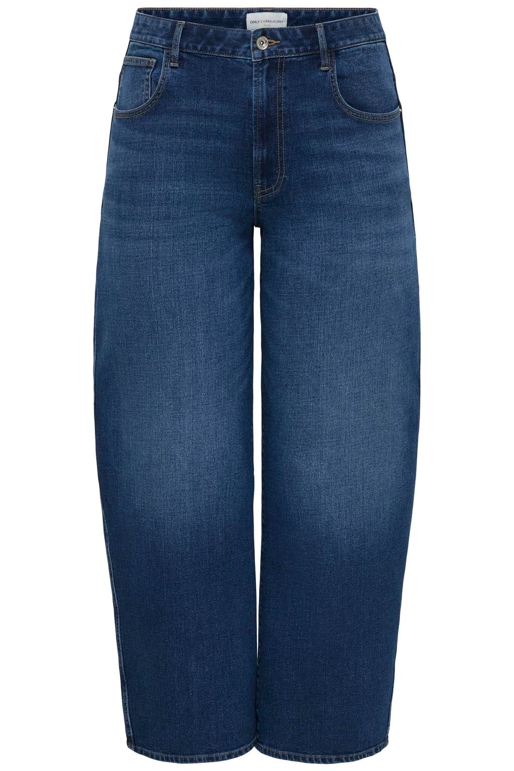 Dark blue denim dames ONLY CARMAKOMA Carsnow Hw Barrel Dnm Pim Plus Size barrel jeans met high waist, rits- en knoopsluiting en effen