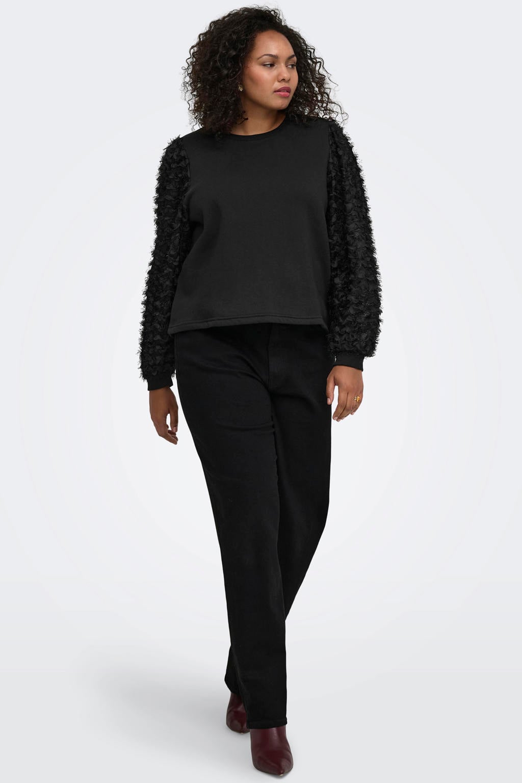Zwarte dames ONLY CARMAKOMA Carlavin l s o-neck mix sweat jrs Plus Size trui van katoen met effen en lange mouwen