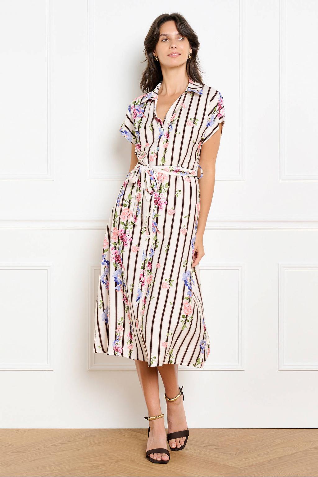Multikleurige dames LOLALIZA gestreepte blousejurk meerkleurig van viscose met korte mouwen en klassieke kraag
