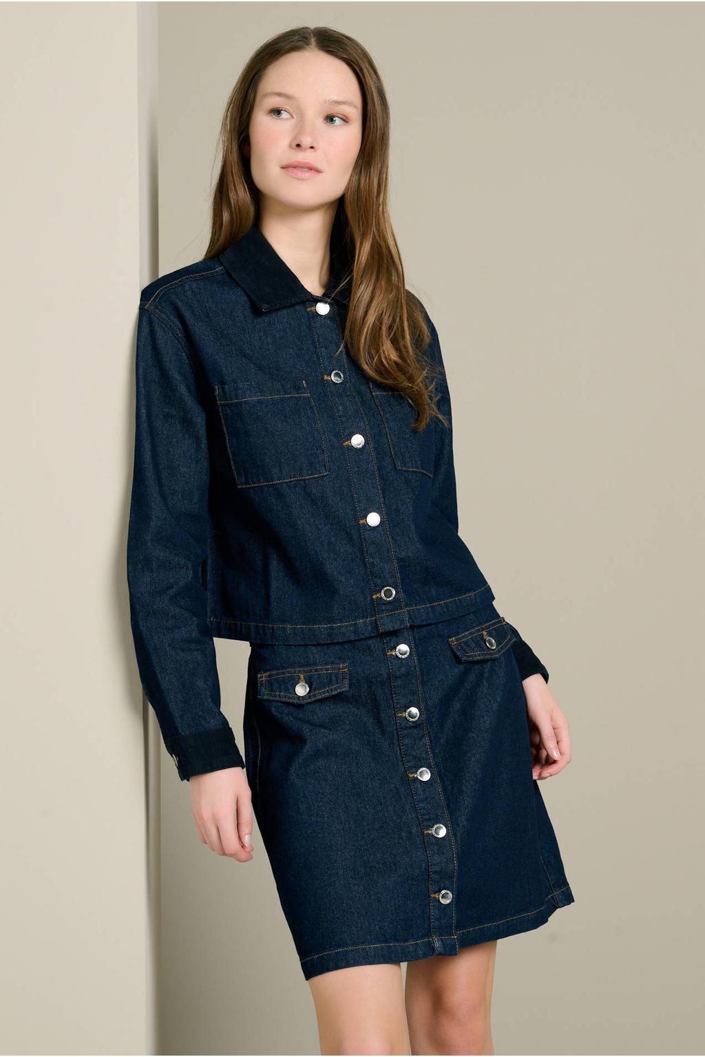 Dark blue denim dames LOLALIZA katoenen spijkerjas met lange mouwen en klassieke kraag