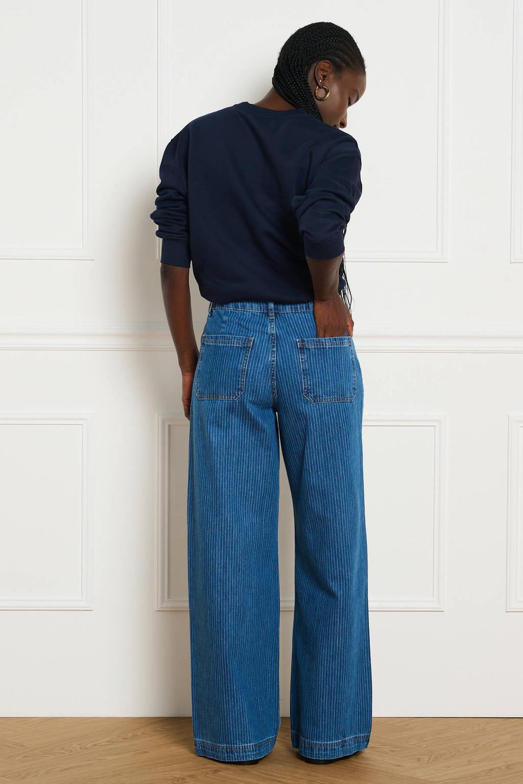Medium blue denim dames LOLALIZA wide leg jeans mediumblauw van denim met rits- en knoopsluiting en krijtstreepprint