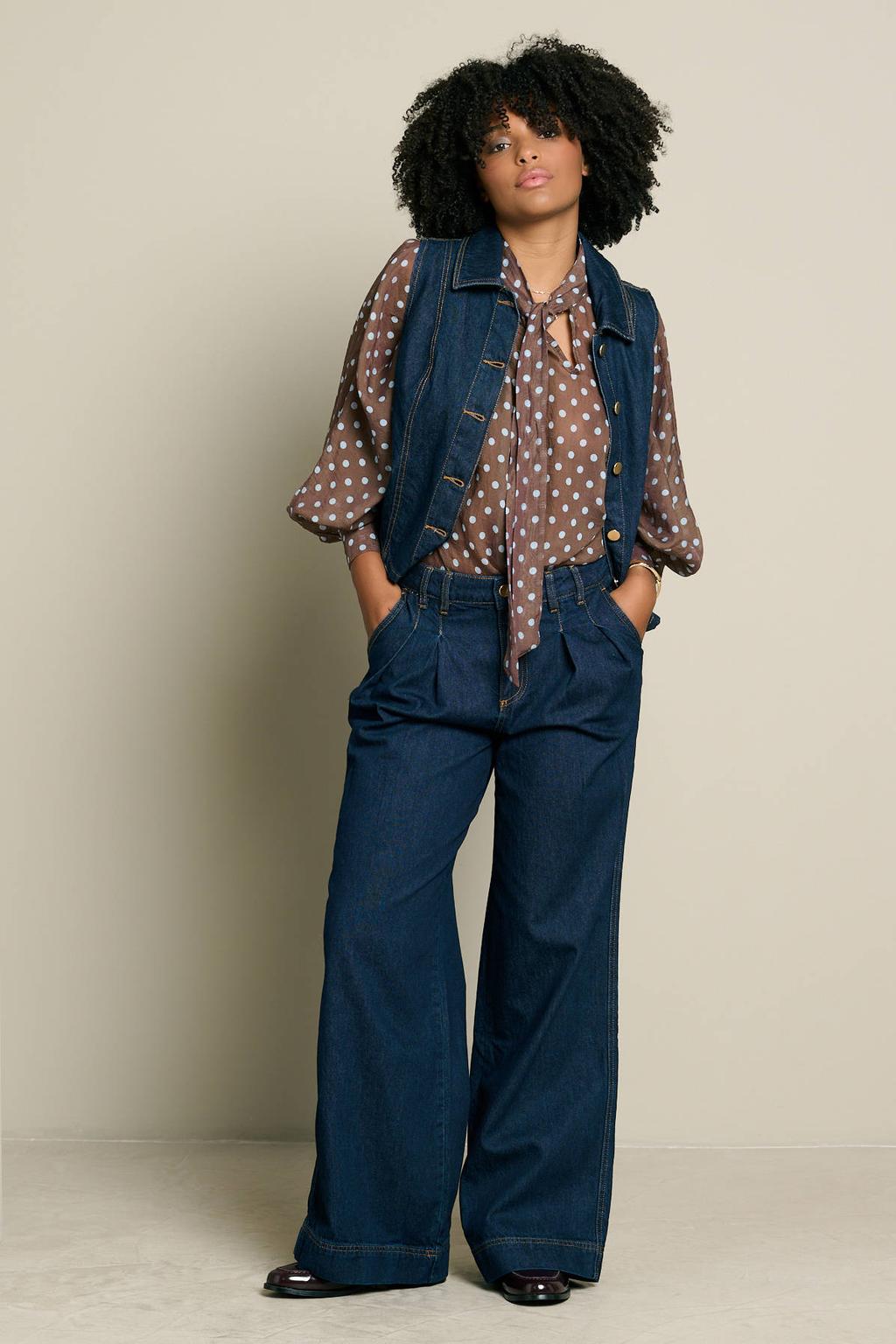 Dark blue denim dames LOLALIZA wide leg jeans van denim met rits- en knoopsluiting en effen