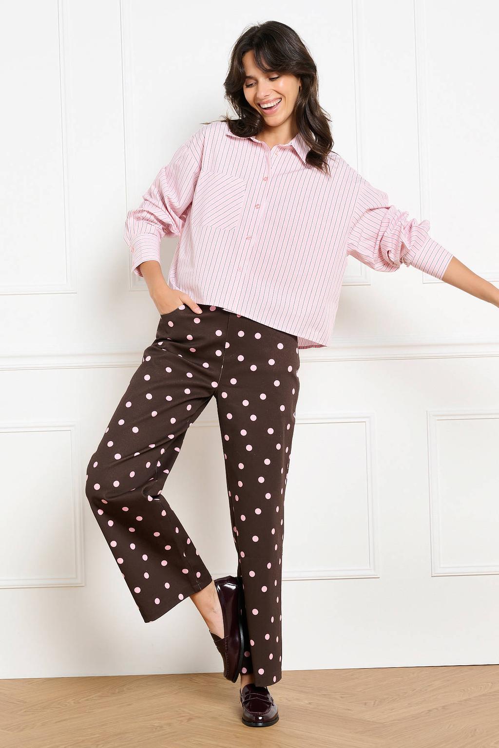 Bruin en roze dames LOLALIZA wide leg jeans van denim met rits- en knoopsluiting en stippenprint