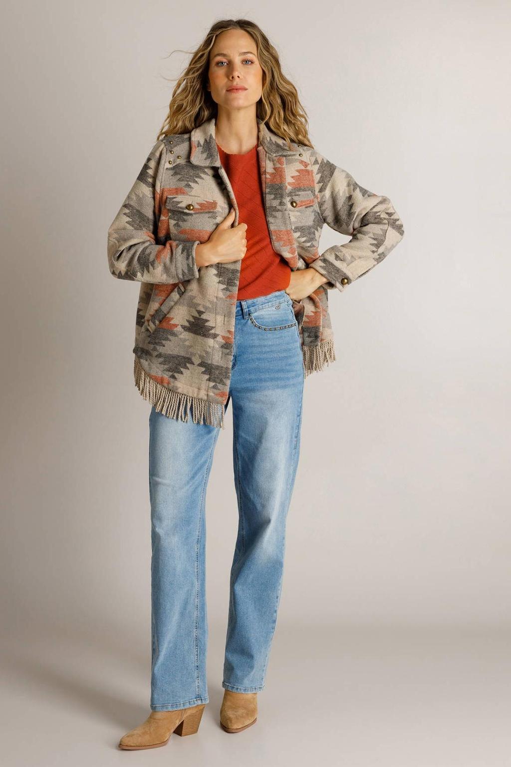 Groen en oranje dames Ivy Beau tussenjas en print van polyester met lange mouwen, klassieke kraag, knoopsluiting en franjes