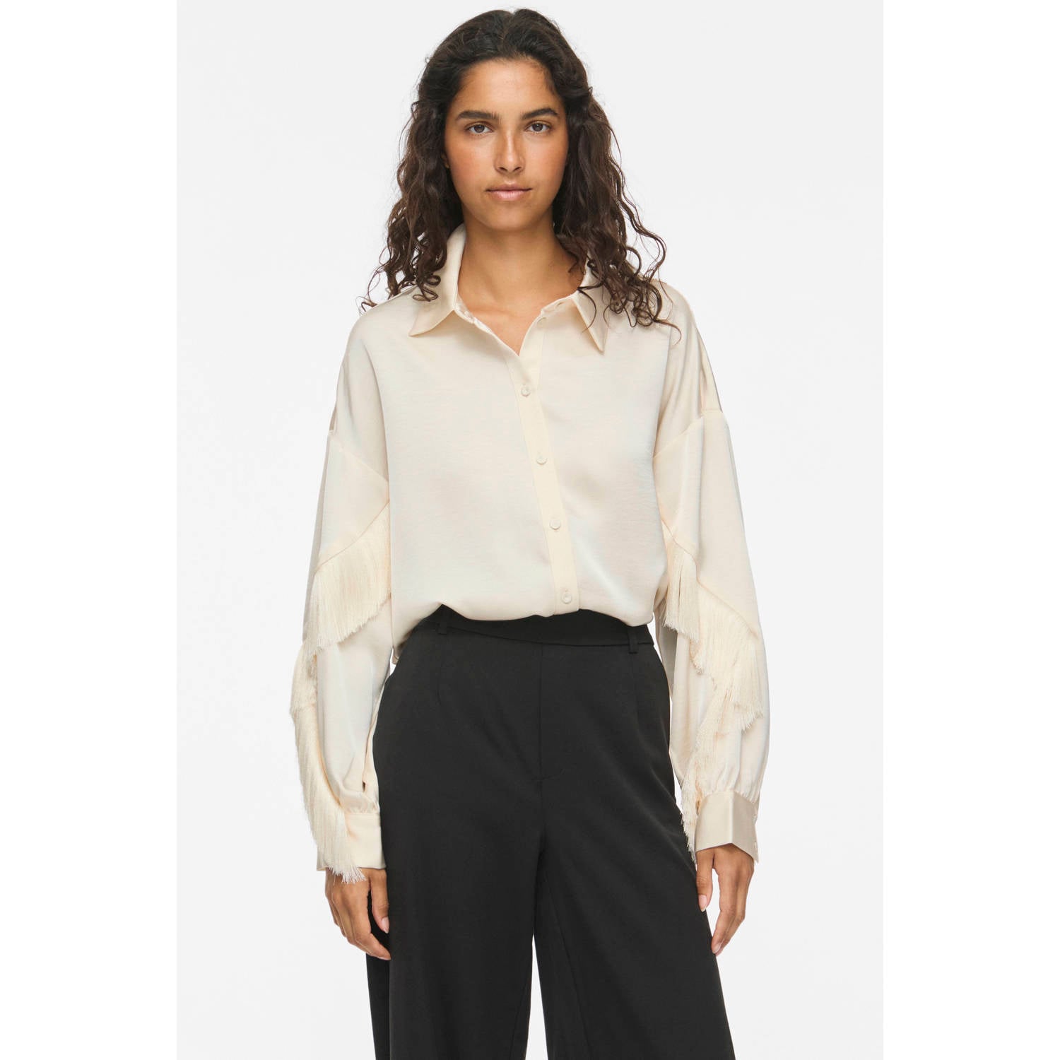VILA satijnen blouse met franjes ecru