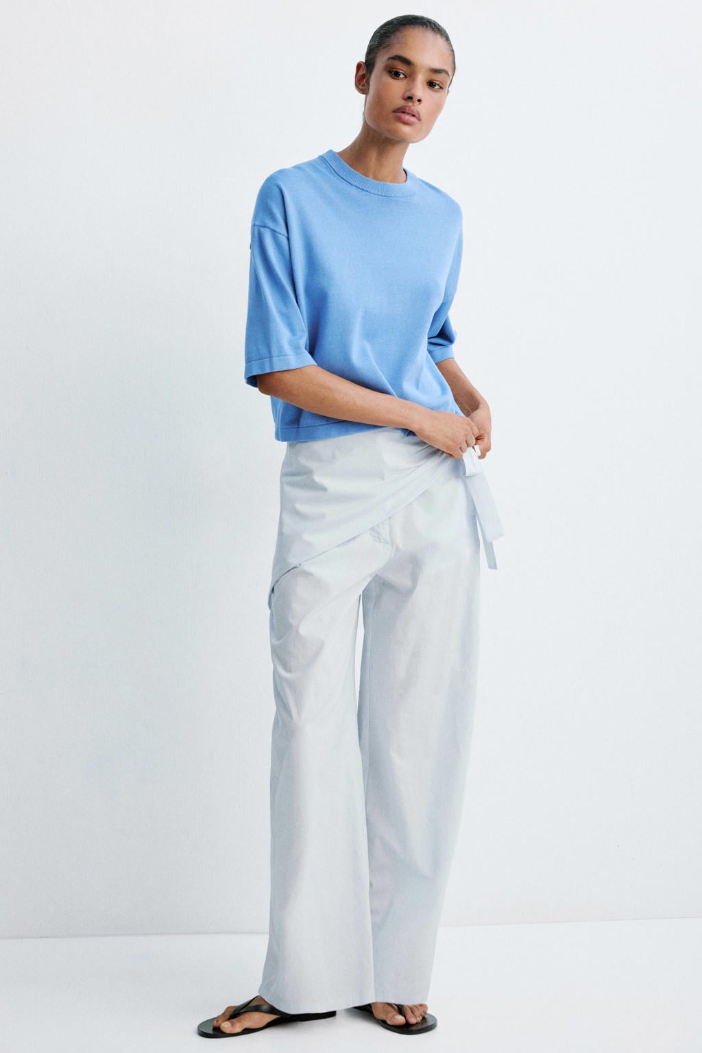 Blauwe dames Mango katoenen sweater met lange mouwen en ronde hals
