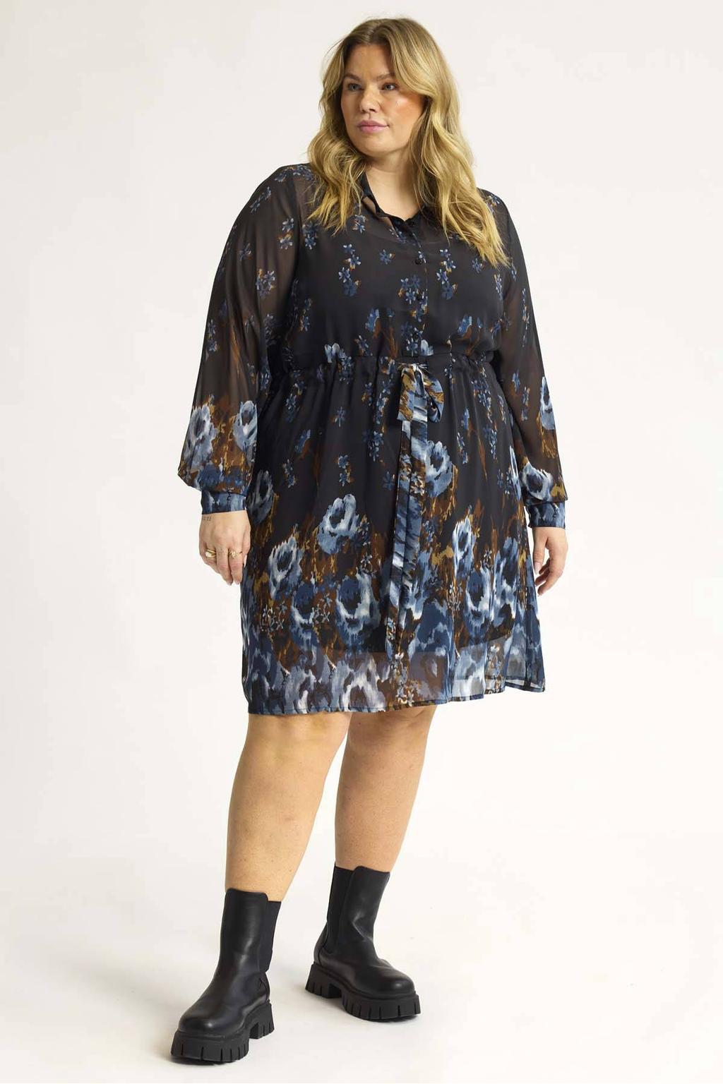 Zwart en blauwe dames Anyday korte gebloemde blousejurk Plus Size van polyester met lange mouwen, klassieke kraag en knoopsluiting