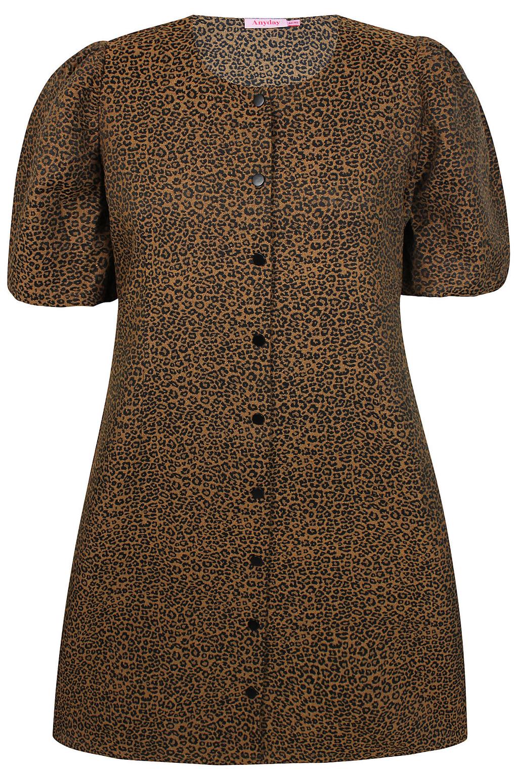 Bruin en zwarte dames Anyday A-lijn jurk Plus Size van polyester met panterprint, korte mouwen en knoopsluiting