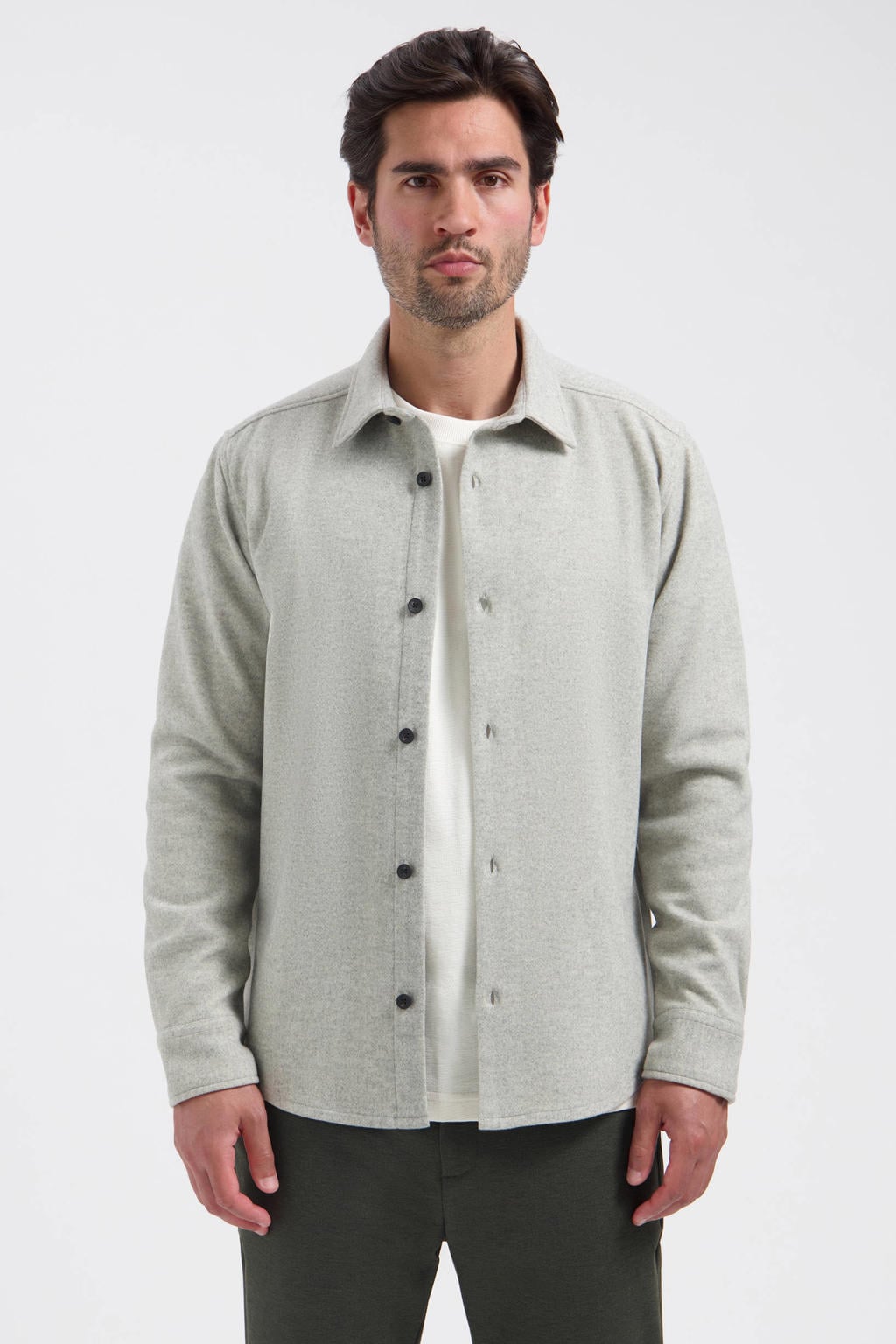 Lichtgrijze heren Dstrezzed regular fit gemêleerd overshirt van polyester met melée print, lange mouwen en klassieke kraag