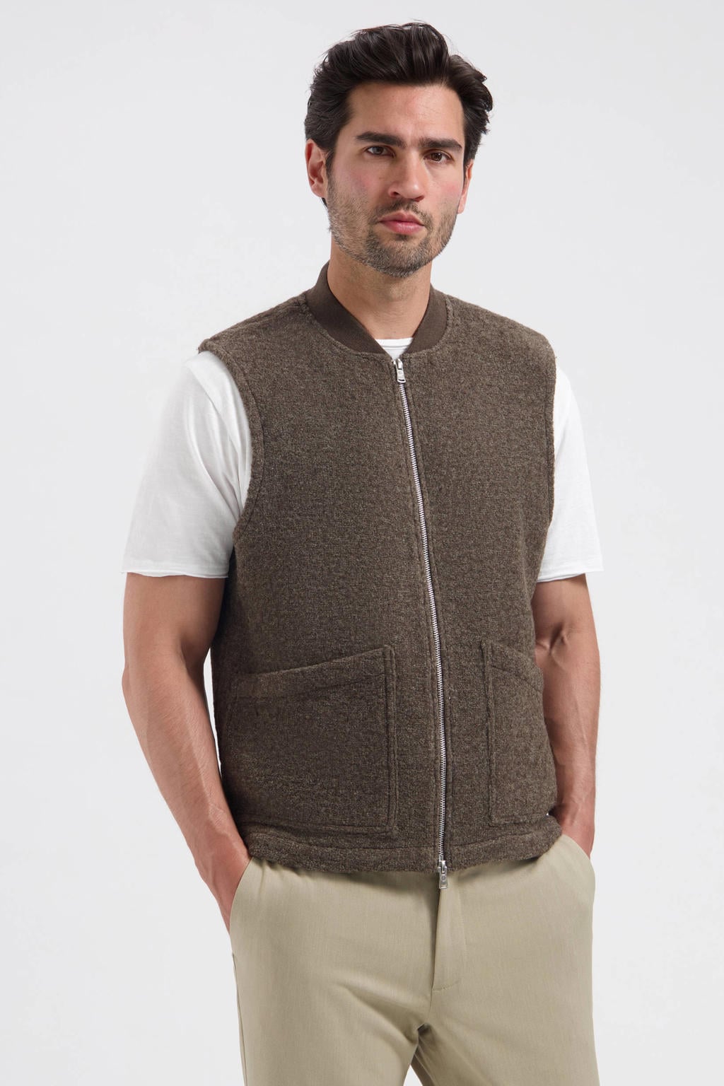 Bruine heren Dstrezzed gebreid teddy vest met effen, openvallende hals en 2-way rits