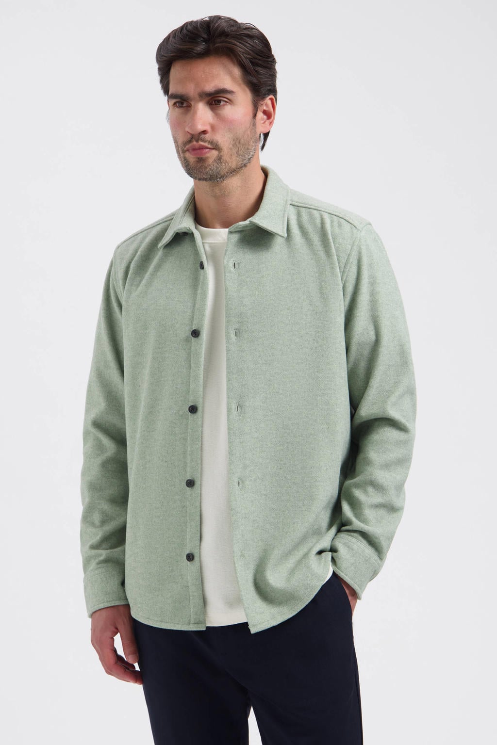 Lichtgroene heren Dstrezzed regular fit overshirt van polyester met melée print, lange mouwen en klassieke kraag