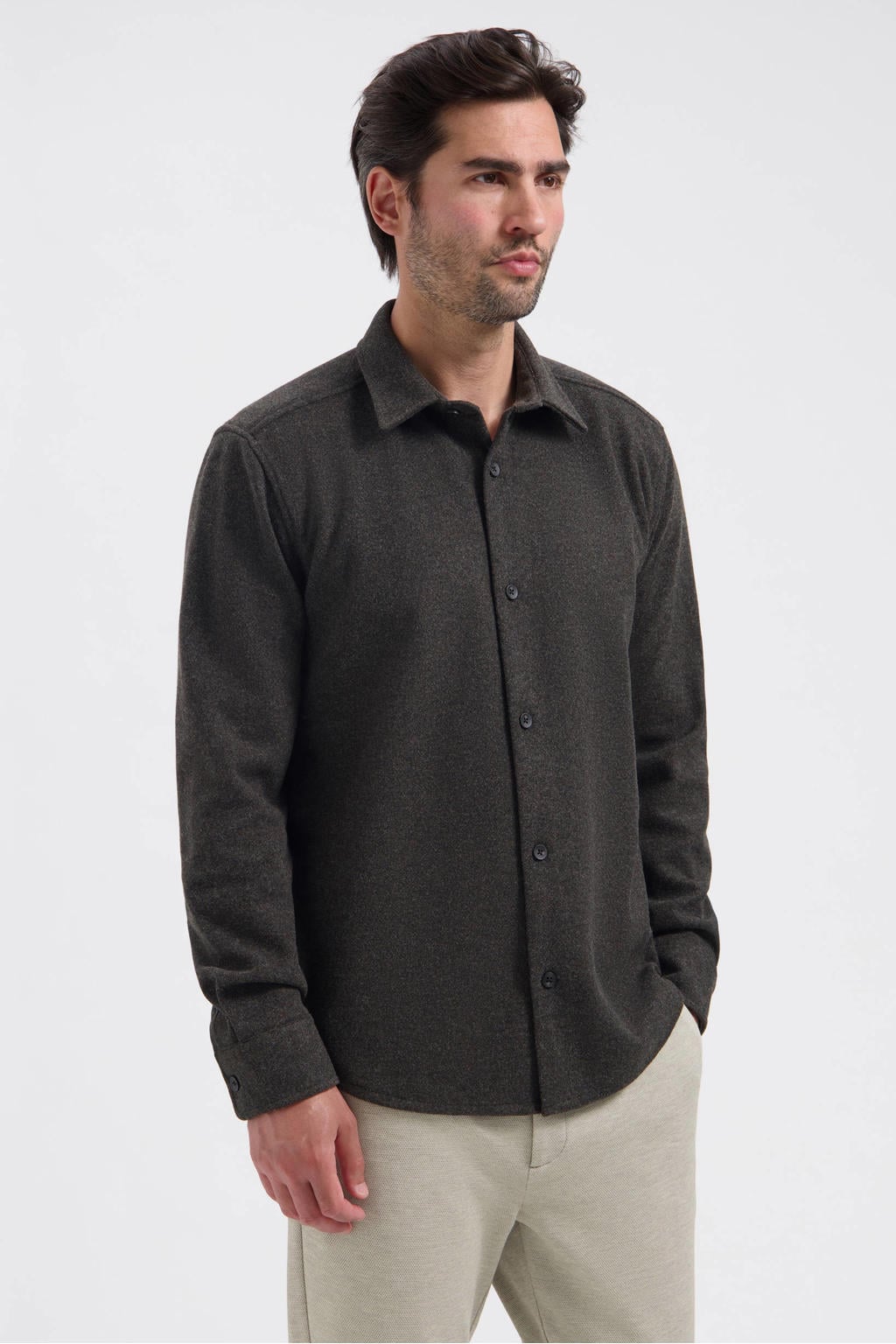 Donkerblauwe heren Dstrezzed regular fit gemêleerd overshirt van polyester met melée print, lange mouwen en klassieke kraag