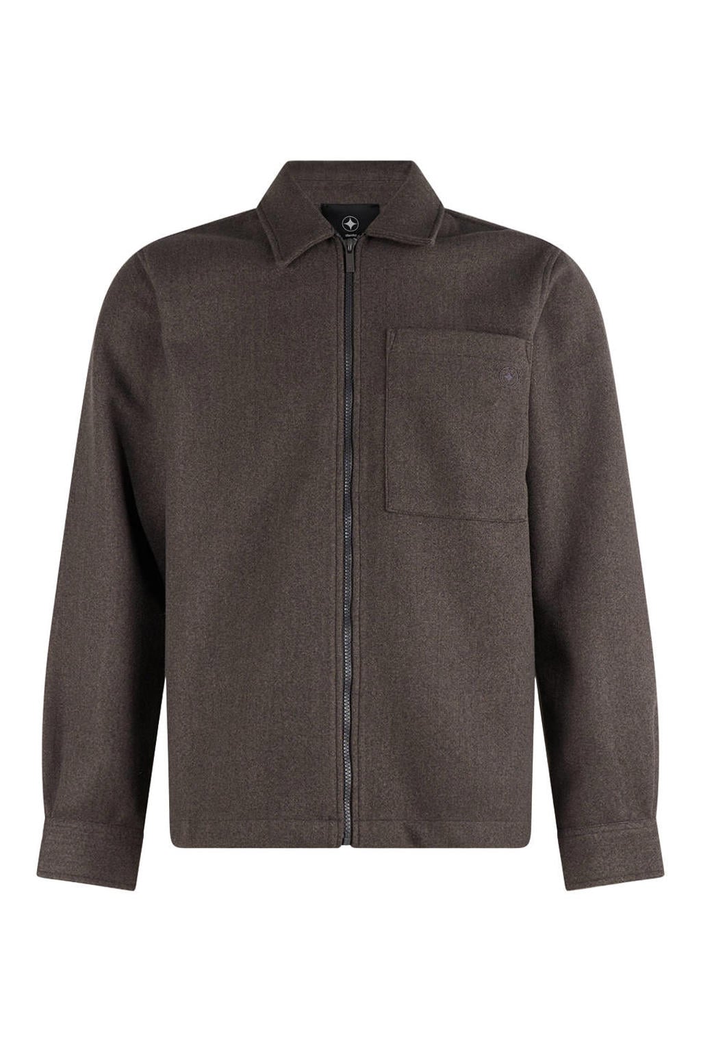 Donkerblauwe heren Shoeby regular fit gemêleerd overshirt van polyester met melée print, lange mouwen en klassieke kraag