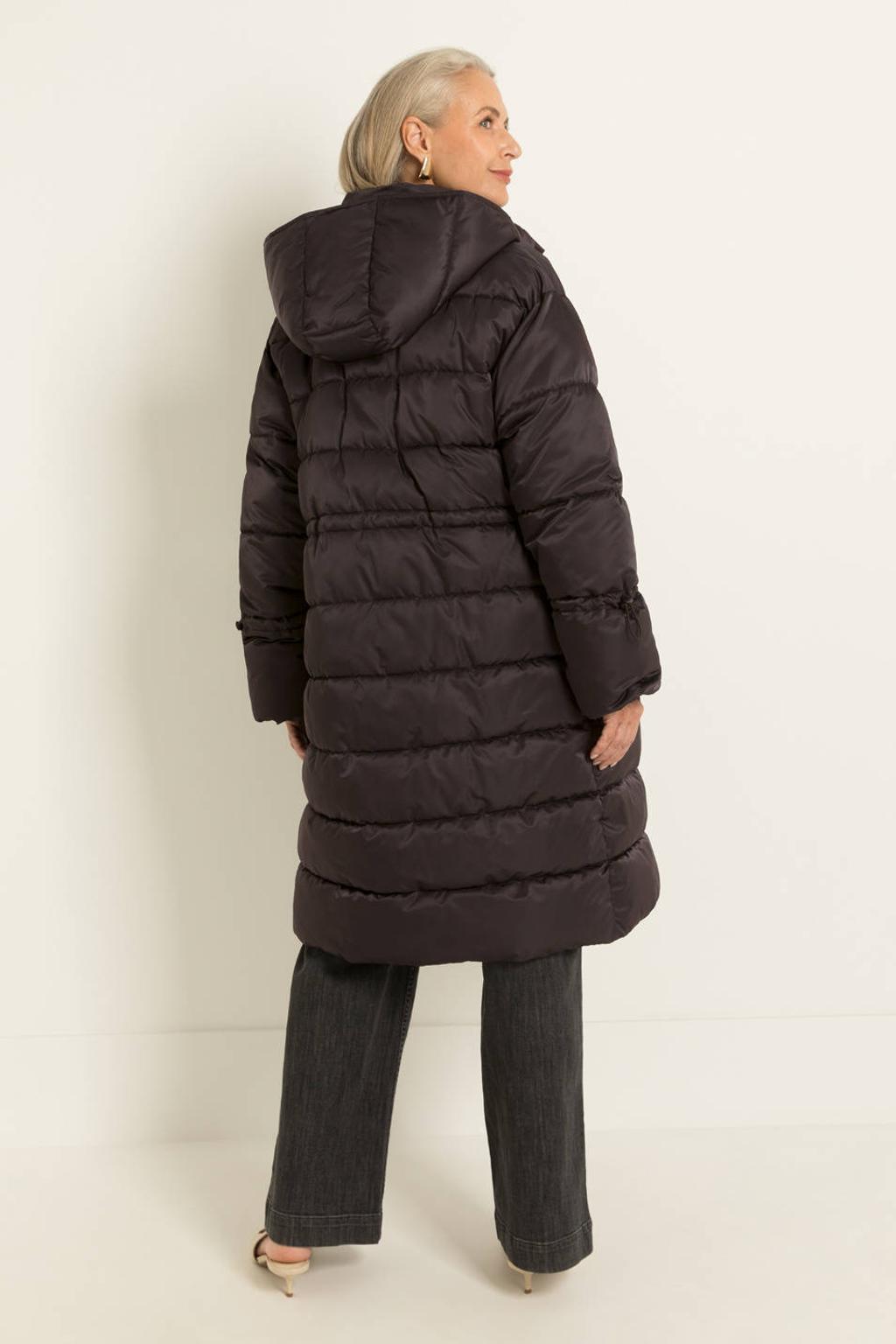 Zwarte dames Maura by Claudia Strater gewatteerde winterjas van polyester met effen, lange mouwen, capuchon en rits- en drukknoopsluiting