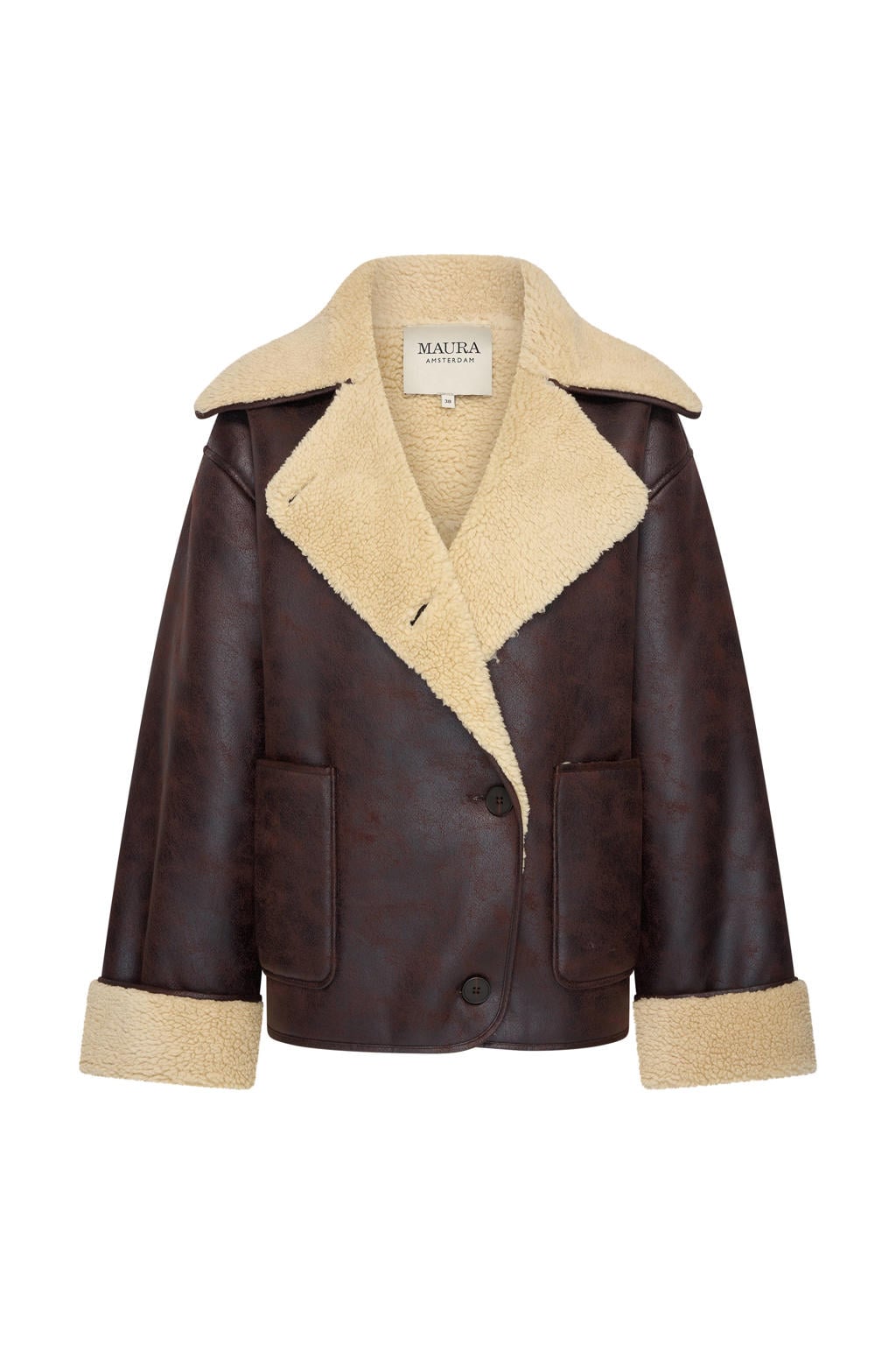 Bruin en ecru dames Maura by Claudia Strater imitatieleren lammyjas met lange mouwen en klassieke kraag