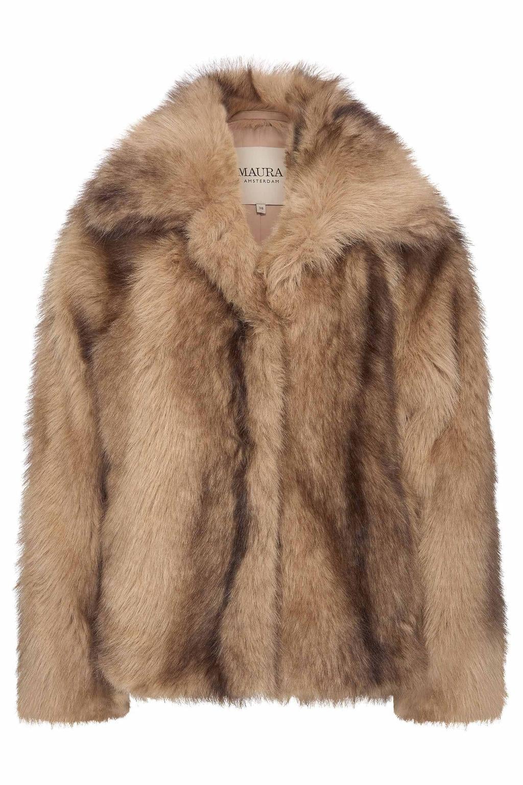 Camel en bruine dames Maura by Claudia Strater winter faux fur jas van harig materiaal met lange mouwen en reverskraag
