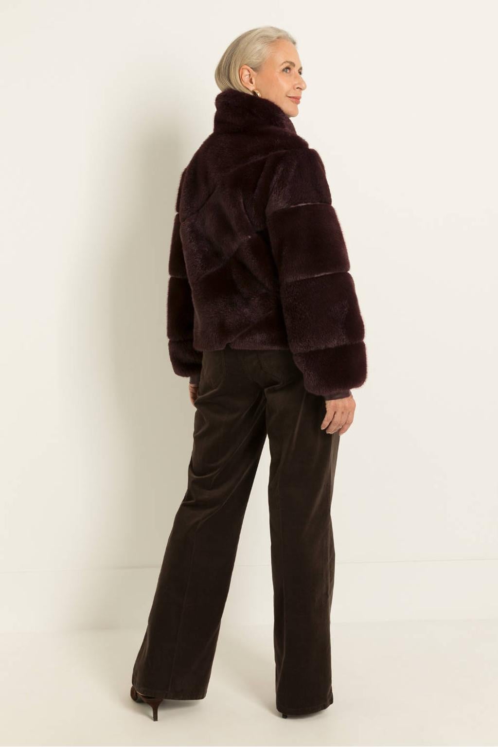 Donkerblauwe dames Maura by Claudia Strater winter faux fur jas met effen, lange mouwen, opstaande kraag en ritssluiting