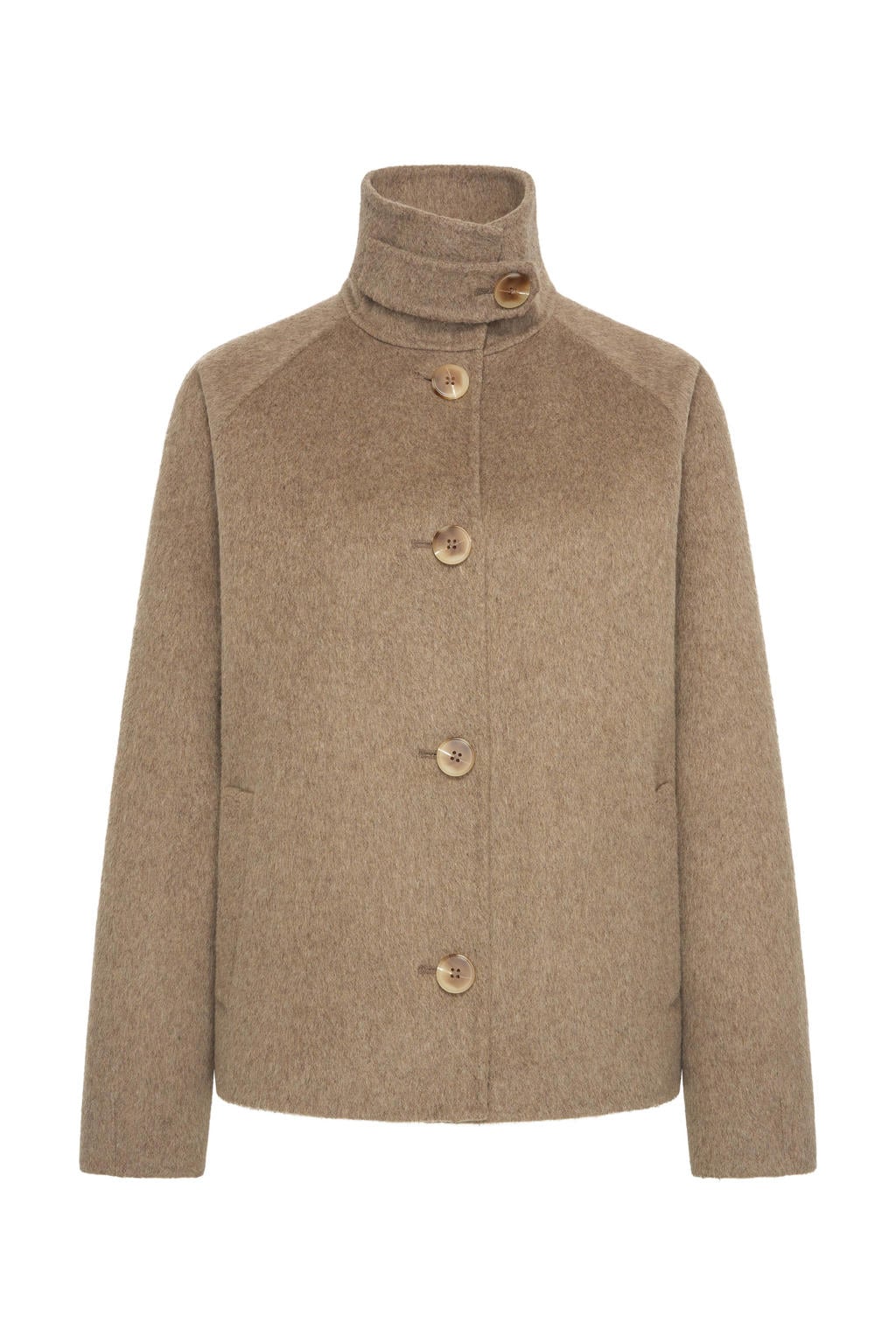Taupe dames Maura by Claudia Strater winterjas van wol met effen, lange mouwen en col