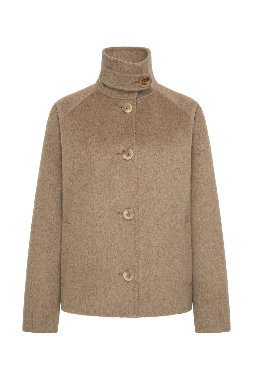 Taupe dames Maura by Claudia Strater winterjas van wol met effen, lange mouwen en col