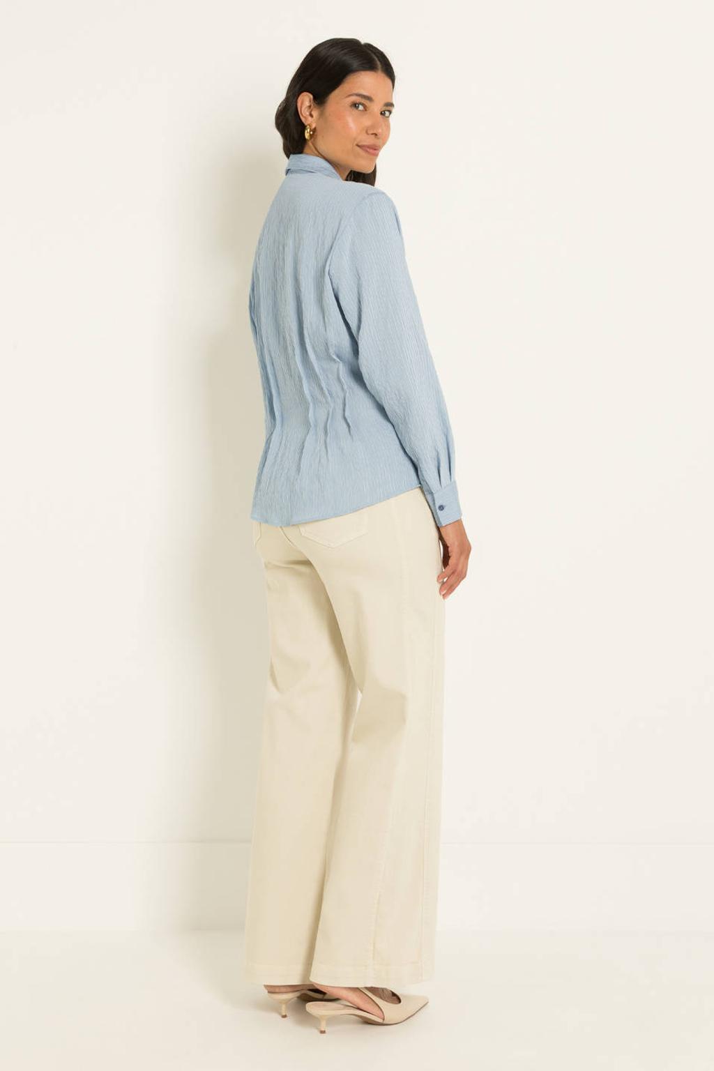 Lichtblauwe dames Claudia Sträter blouse van viscose met krijtstreepprint, lange mouwen, klassieke kraag en knoopsluiting