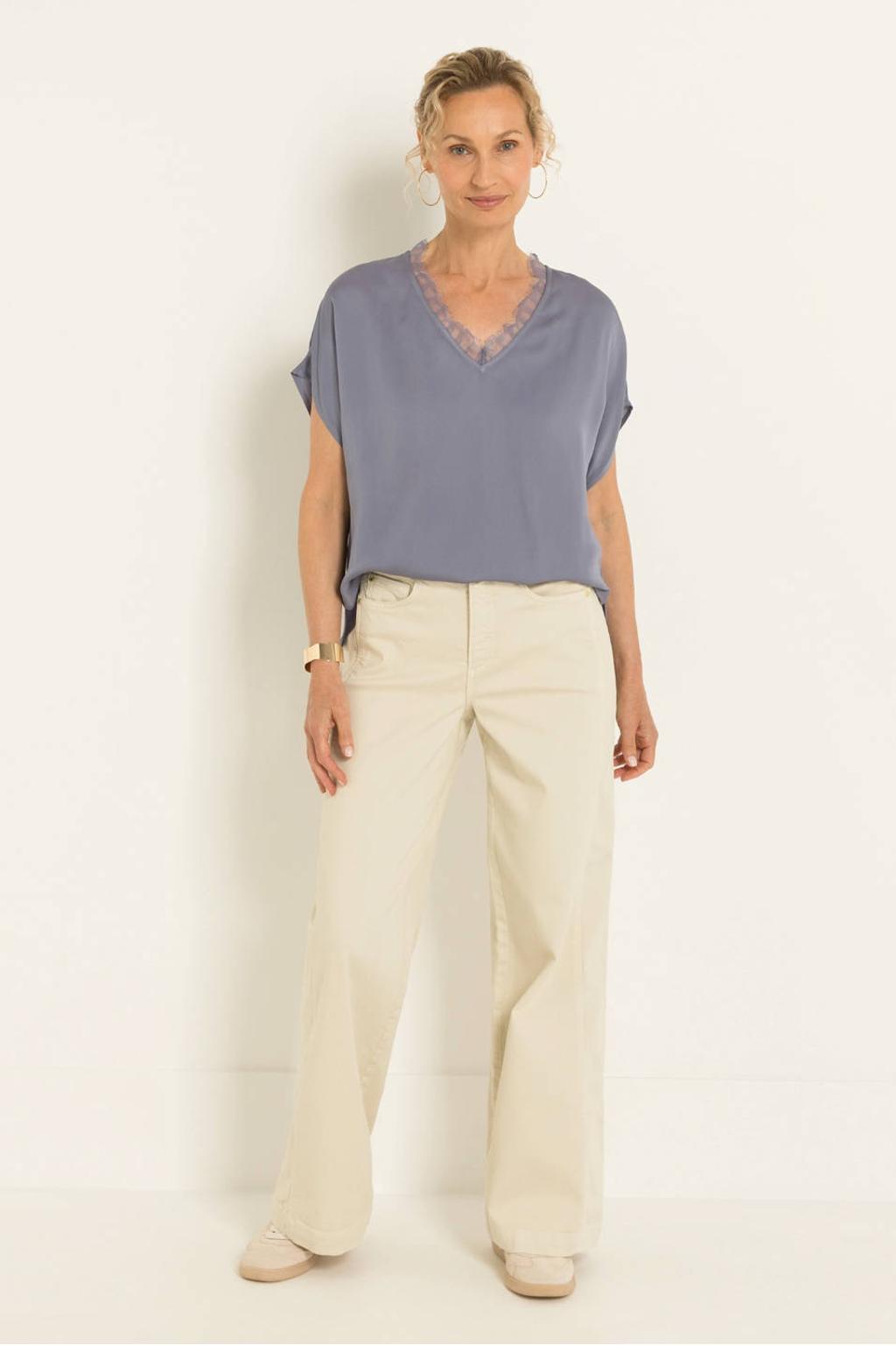 Ecru dames Claudia Sträter straight leg jeans van denim met rits- en knoopsluiting en effen