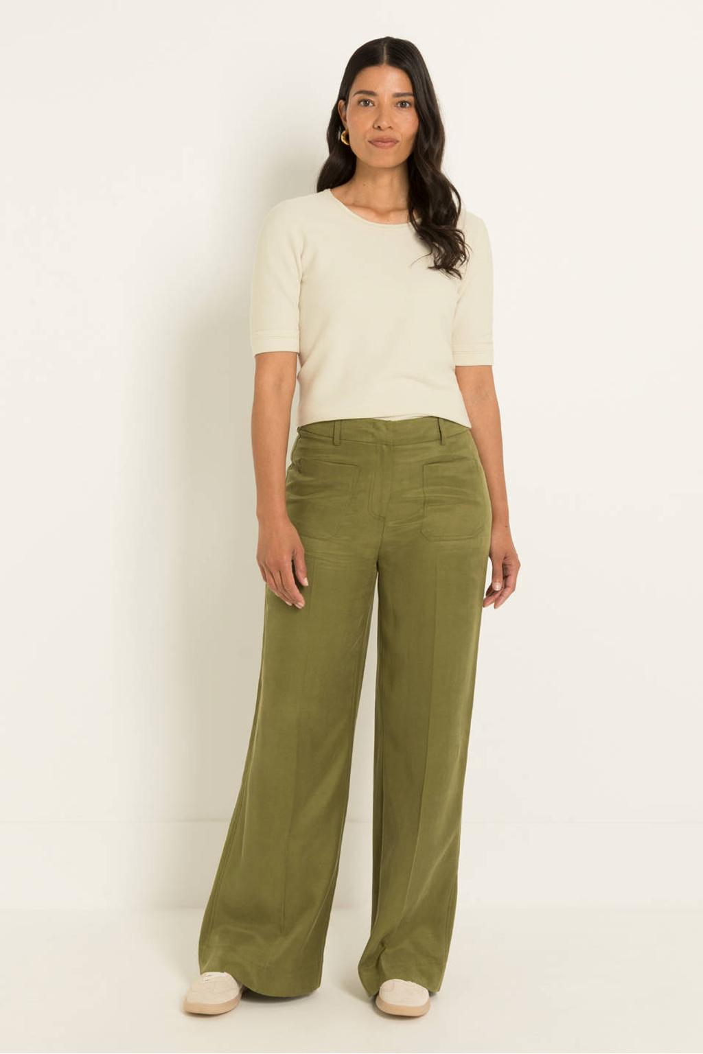Olijfgroene dames Claudia Sträter wide leg broek van lyocell met high waist, rits- en haaksluiting en effen