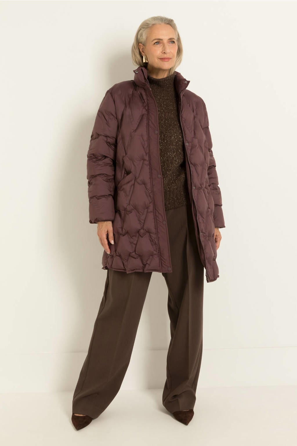 Donkerblauwe dames Maura by Claudia Strater pufferjas van polyester met effen, lange mouwen en opstaande kraag
