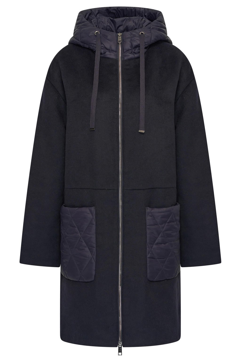 Blauwe dames Maura by Claudia Strater winterjas van polyester met effen, lange mouwen en capuchon