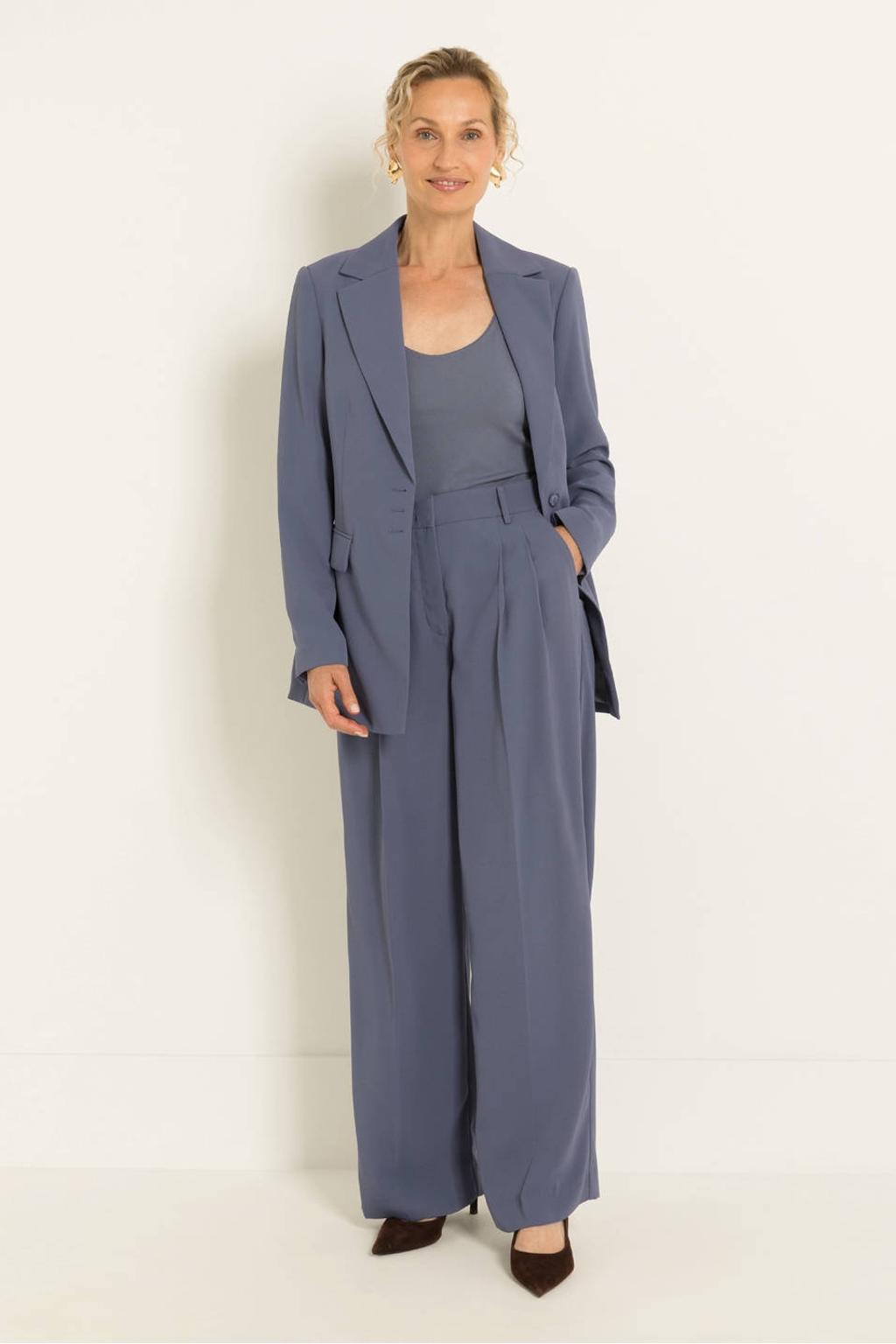 Grijsblauwe dames Claudia Sträter wide leg broek blauw met high waist, rits, haak- en knoopsluiting en effen