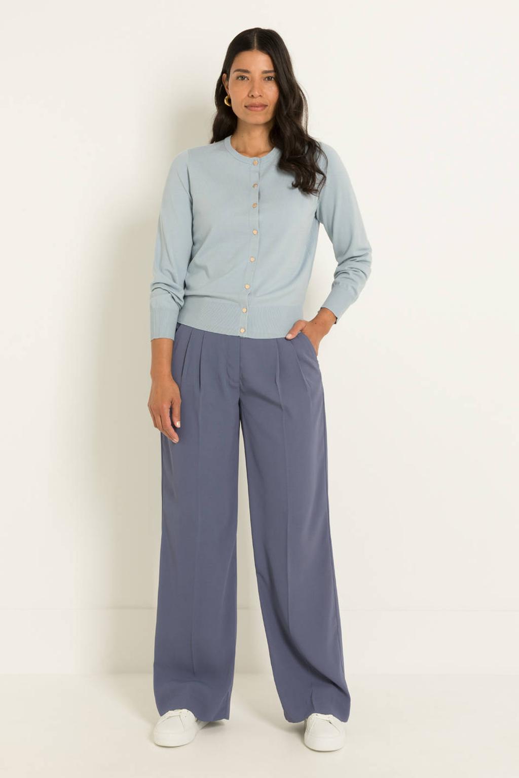 Lichtblauwe dames Claudia Sträter gebreid vest van viscose met effen, lange mouwen, ronde hals en knoopsluiting